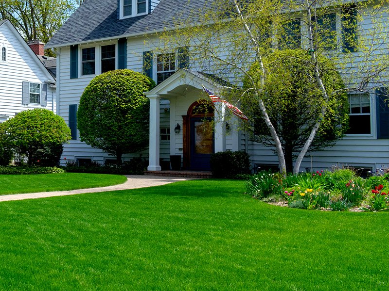 Manicured lawn around a classic colonial home