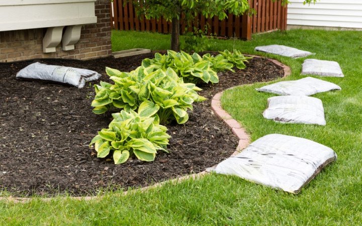 Fresh mulch install around hosta beds